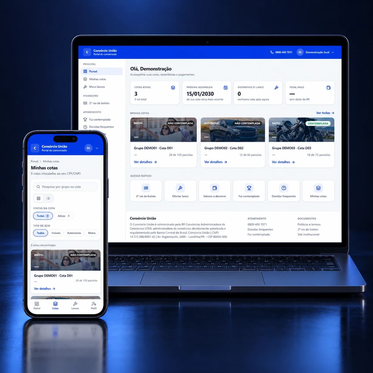 WebApp do consorciado em notebook e celular, com a identidade do Consórcio União e dados de demonstração.