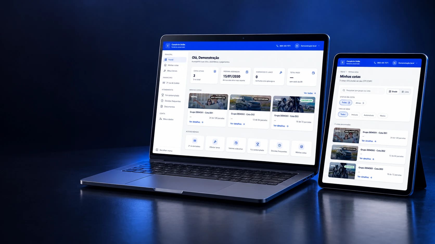 WebApp do consorciado com a identidade do Consórcio União, apresentado em notebook e tablet.