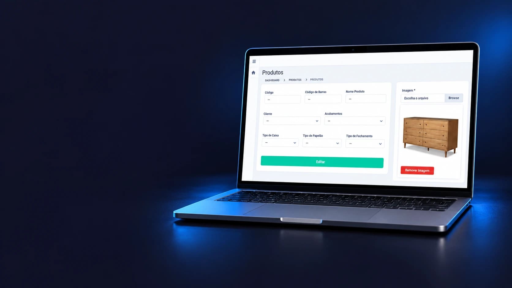 Sistema web Ideker em notebook, com campos privados ocultados.