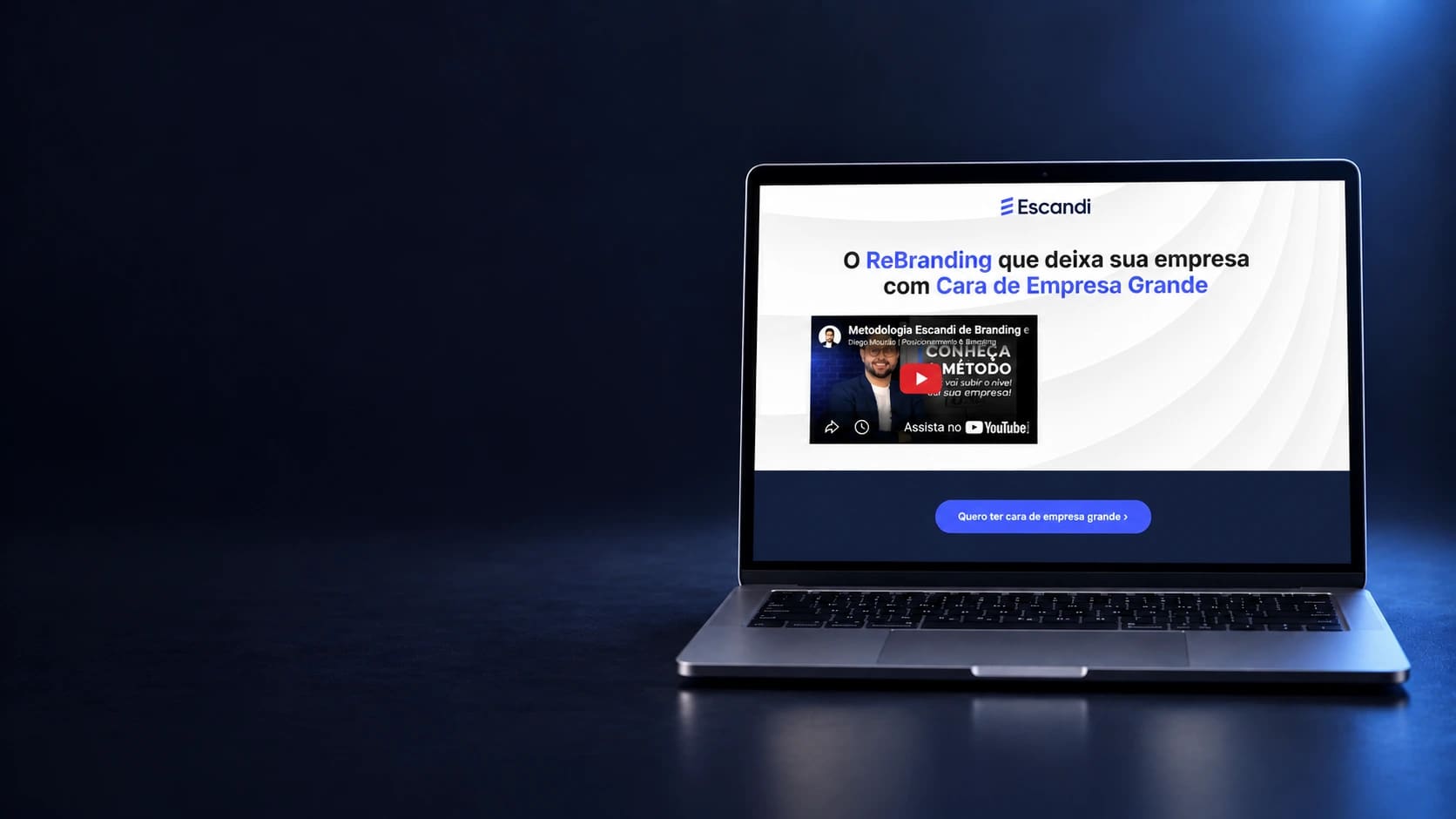 Mockup da landing page Escandi em notebook completo, a partir da página real fornecida.