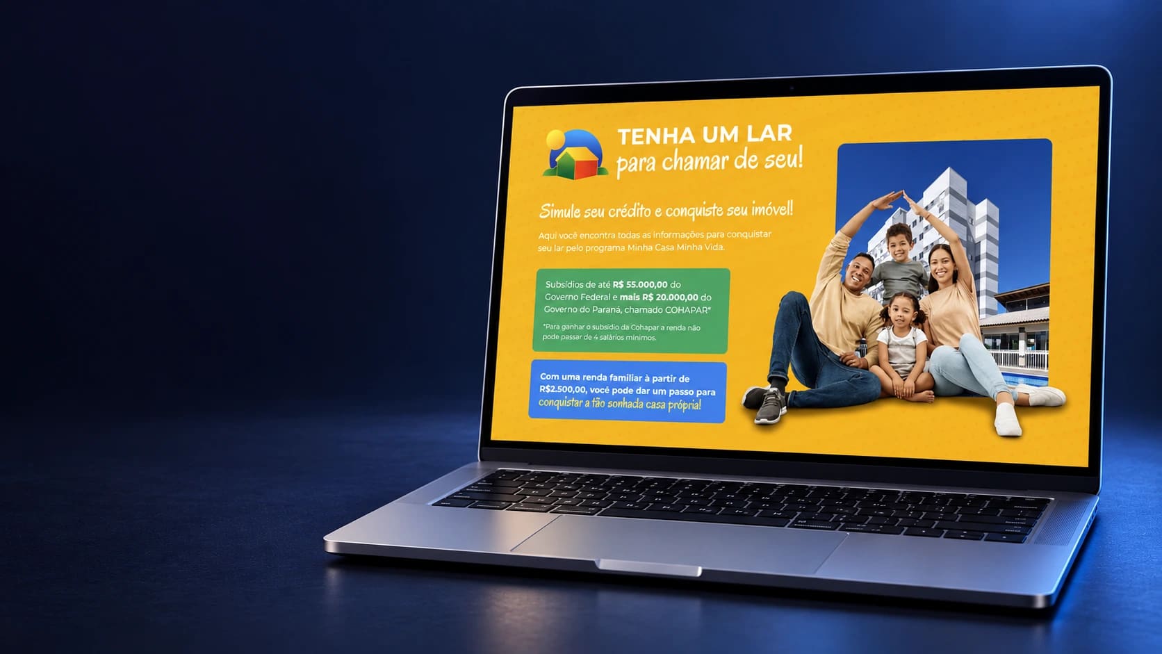 Mockup da landing page Oportunidades MCMV em notebook completo, a partir da página real fornecida.