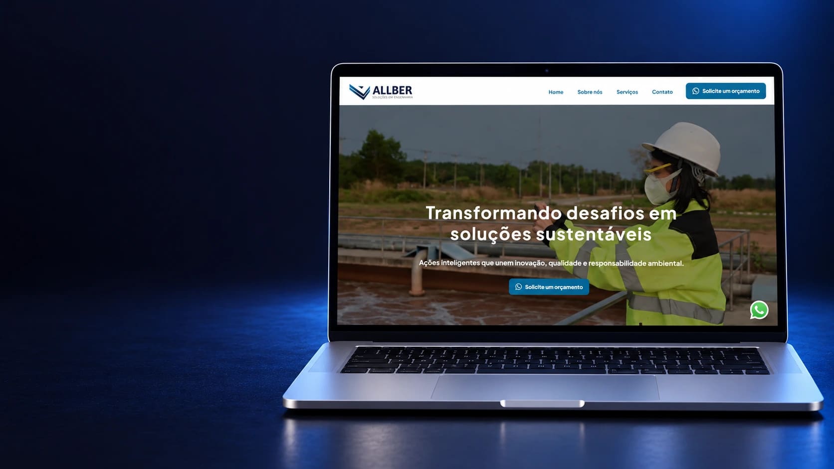 Mockup do site Allber Engenharia em notebook completo, a partir da página real.