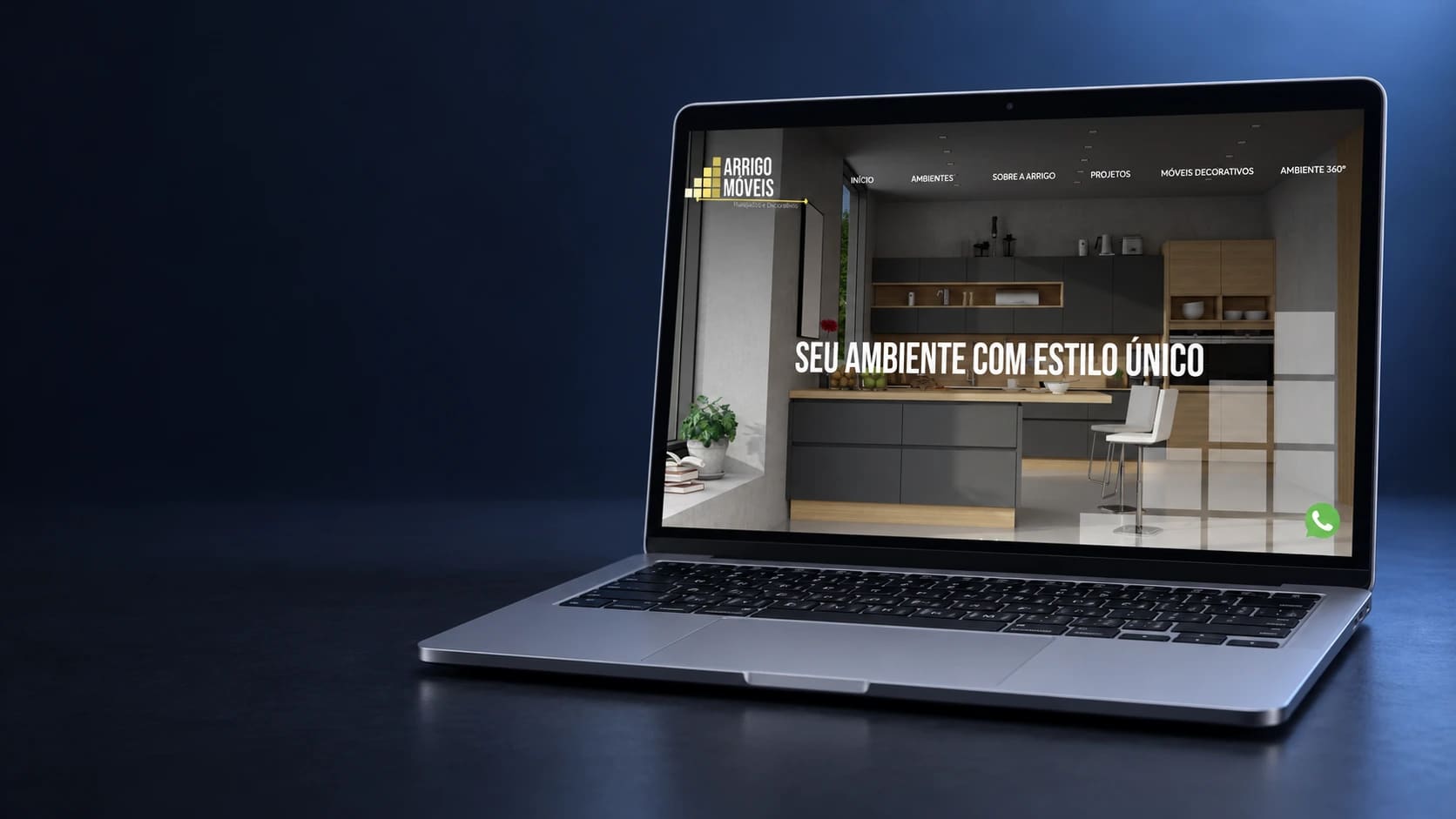 Mockup do site Arrigo Móveis em notebook completo, a partir da página real.