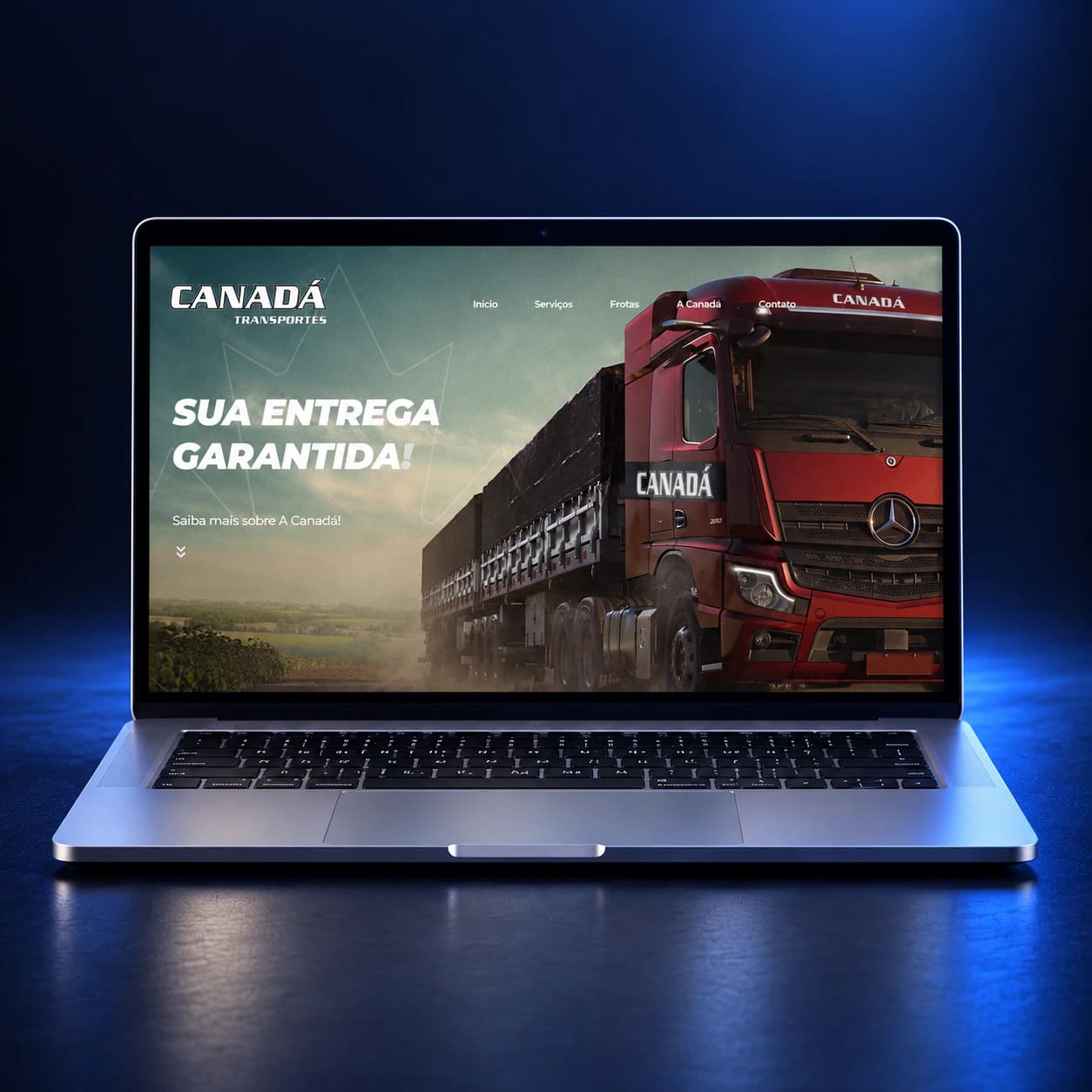 Mockup do site Canadá Transportes em notebook completo, em composição para celular.