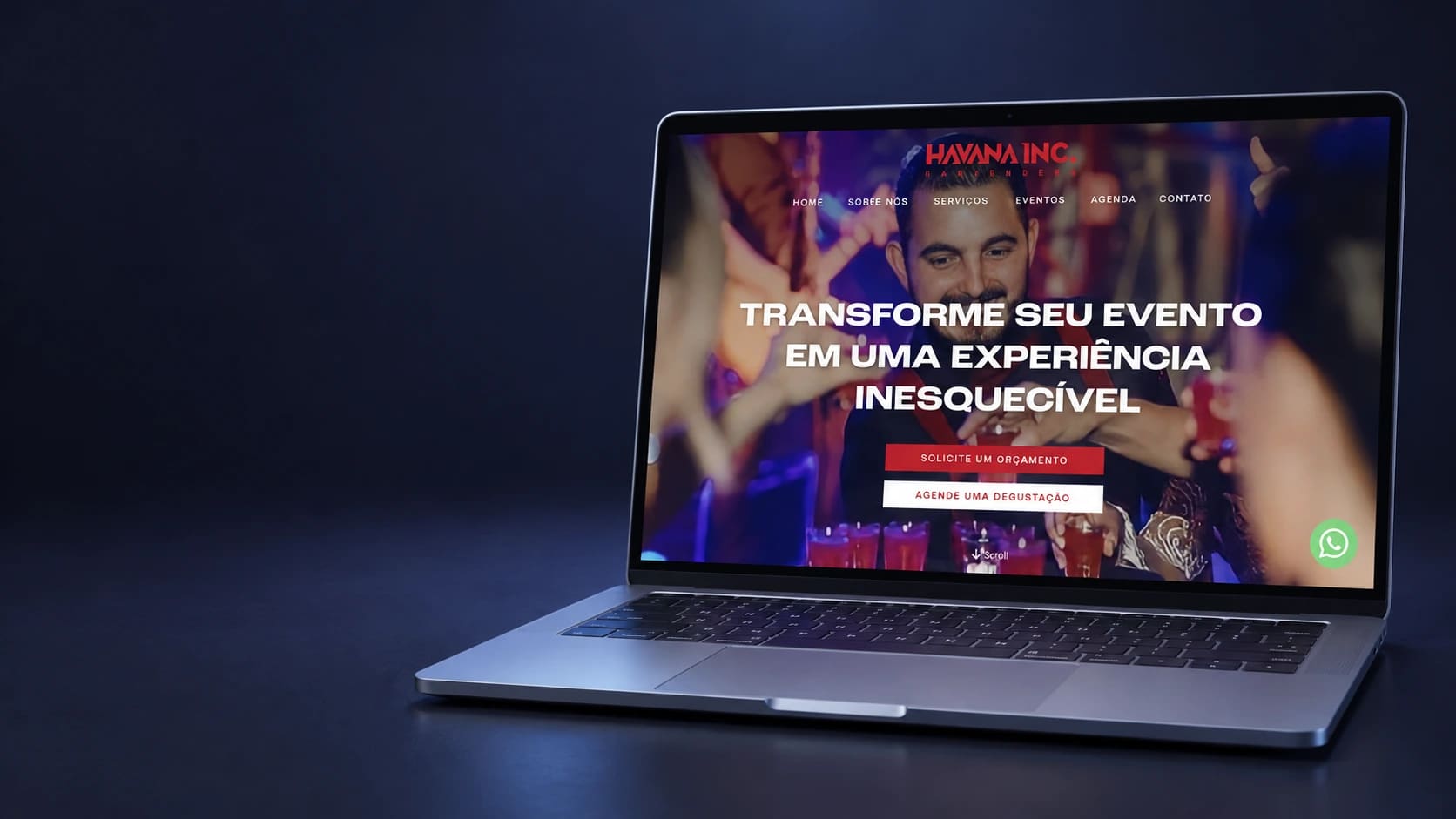 Mockup do site Havana Inc Bartenders em notebook completo, a partir da página real.