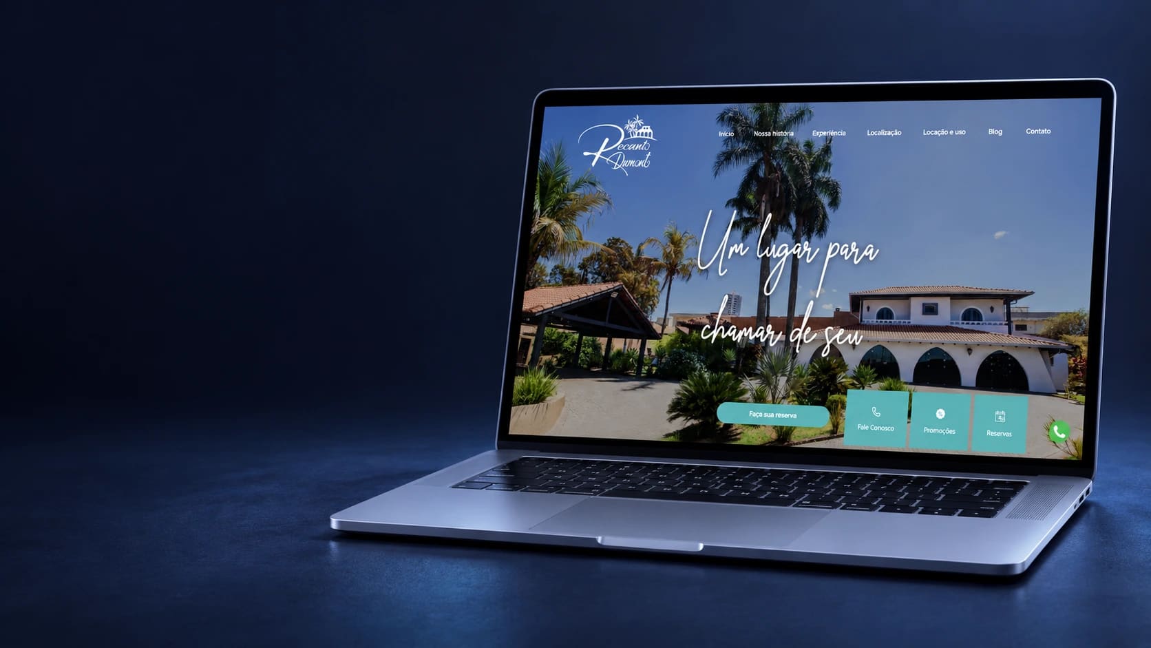 Mockup do site Recanto Dumont em notebook completo, a partir da página real.