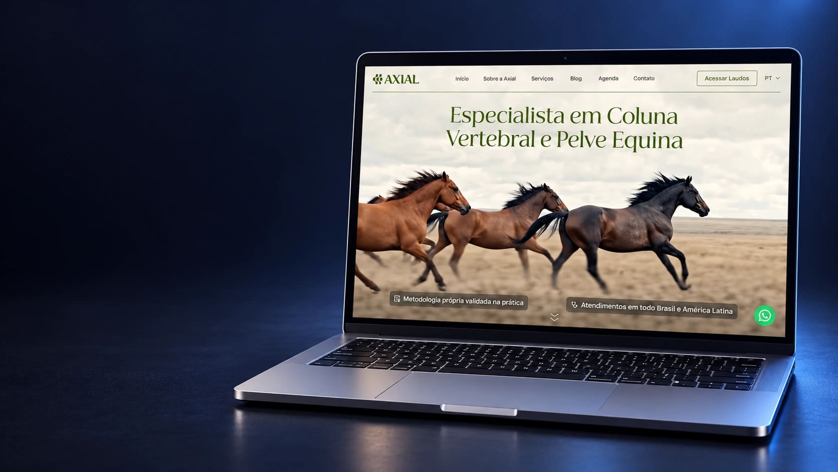 Mockup do site Axial Vet em notebook completo, a partir da página real selecionada.