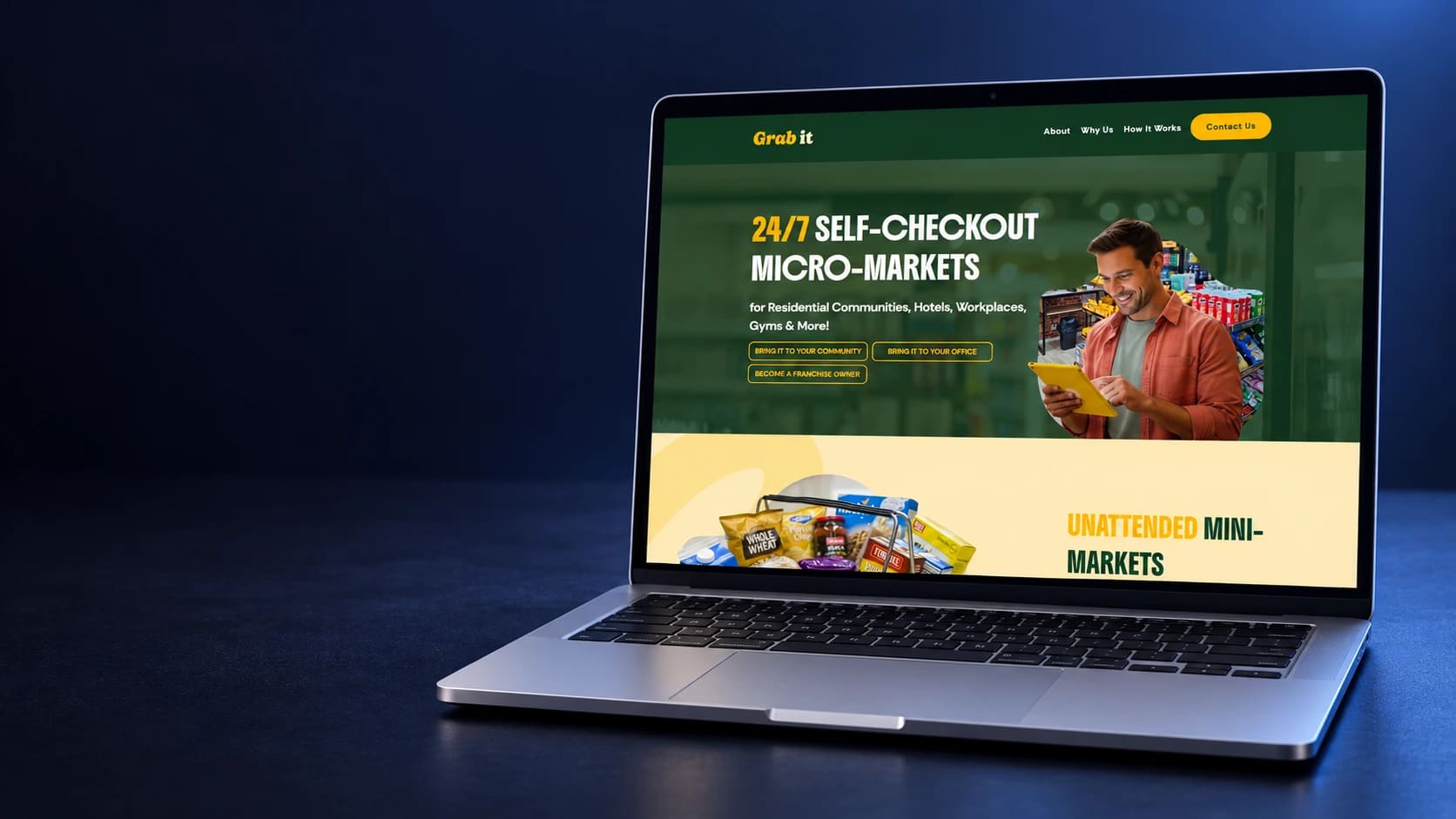Mockup do site Grab It em notebook completo, a partir da página real selecionada.