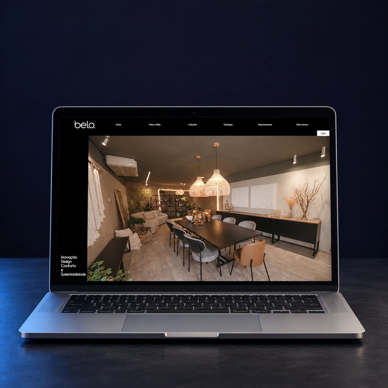 Mockup do site Móveis Belo em notebook completo, em composição para celular.