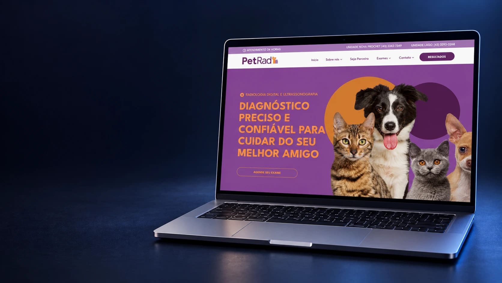 Mockup do site PetRad em notebook completo, a partir da página real selecionada.