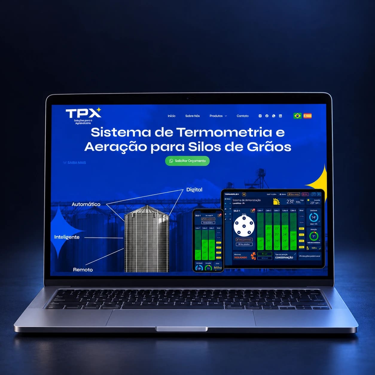 Mockup do site Termoplex em notebook completo, em composição para celular.