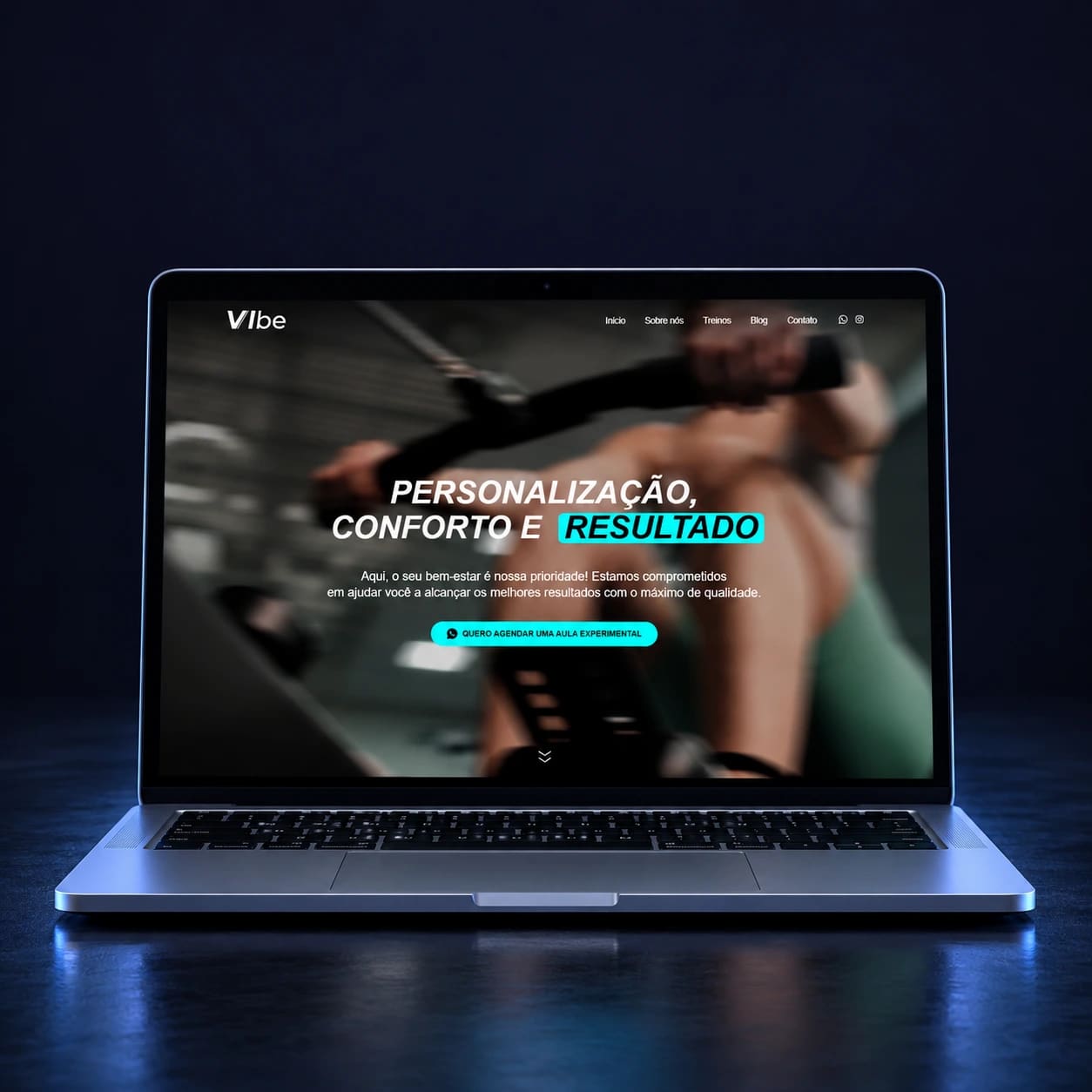 Mockup do site Vibe Sports em notebook completo, em composição para celular.