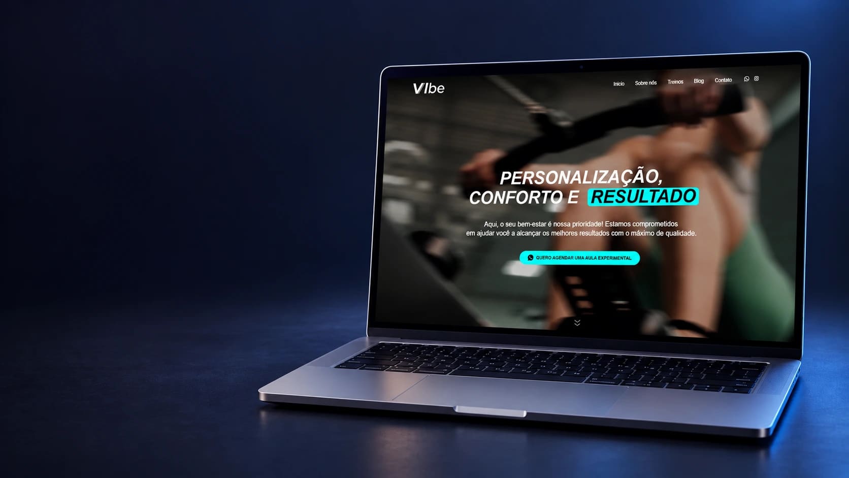 Mockup do site Vibe Sports em notebook completo, a partir da página real selecionada.