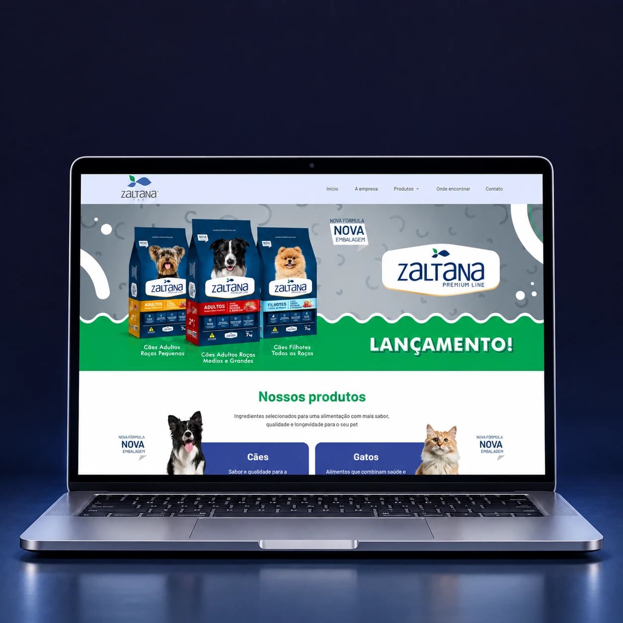 Mockup do site Zaltana Pet em notebook completo, em composição para celular.