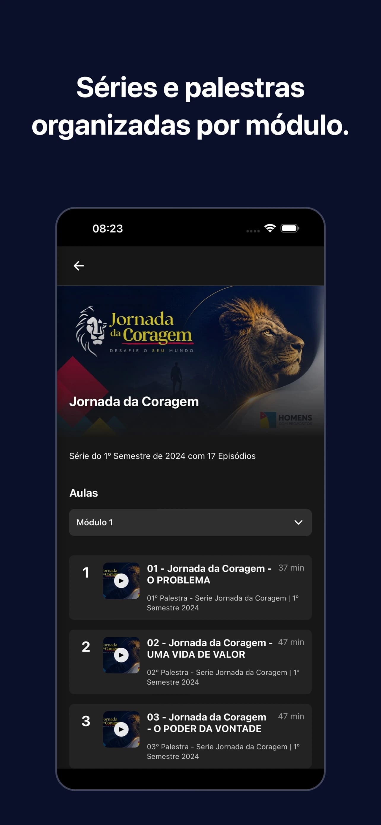 Imagem oficial da publicação do aplicativo Homens com Propósitos na App Store: Módulos e aulas.