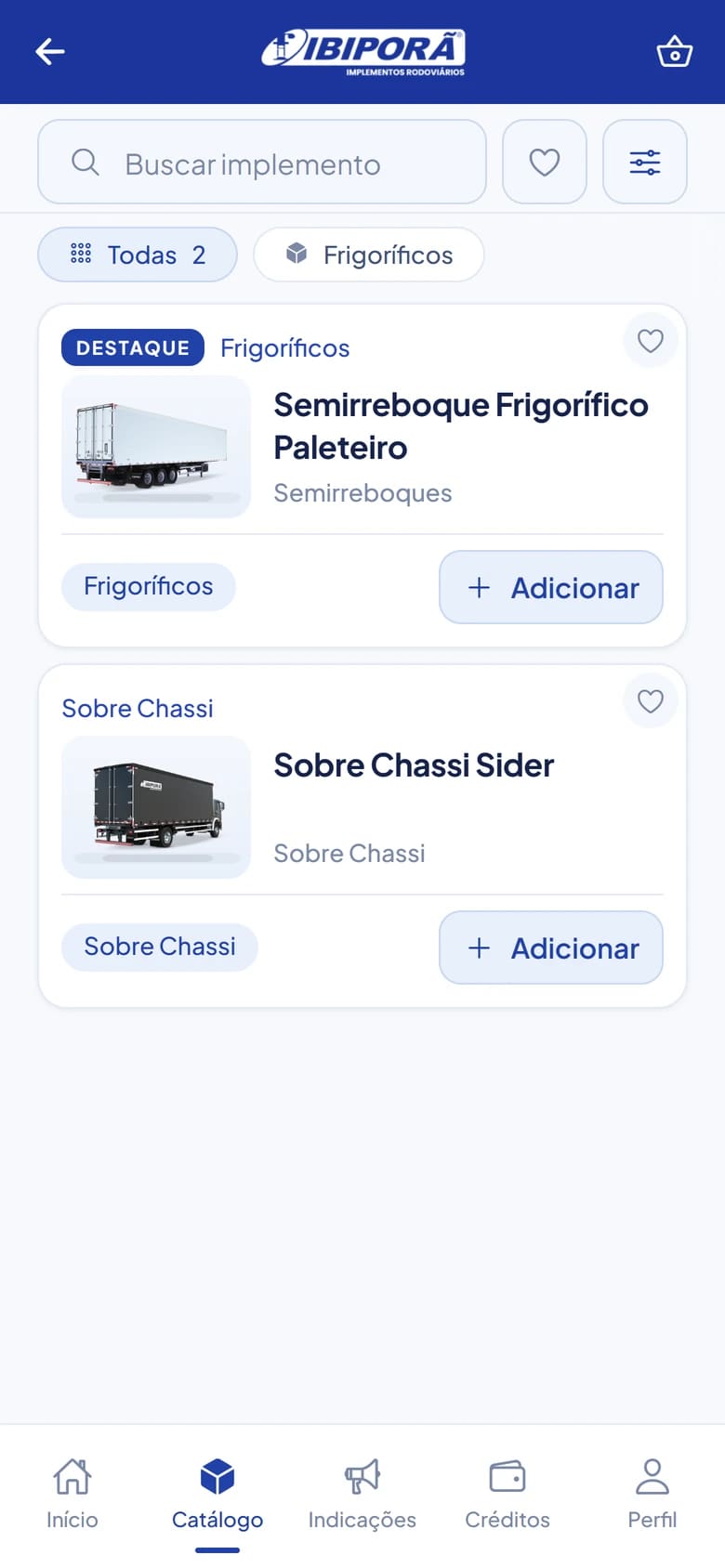 Catálogo de implementos no aplicativo Ibiporã Indica, com dados de demonstração.