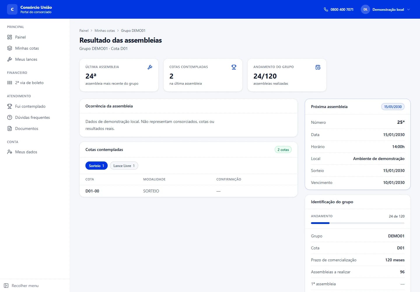 Tela original de resultado das assembleias do WebApp, com dados de demonstração.