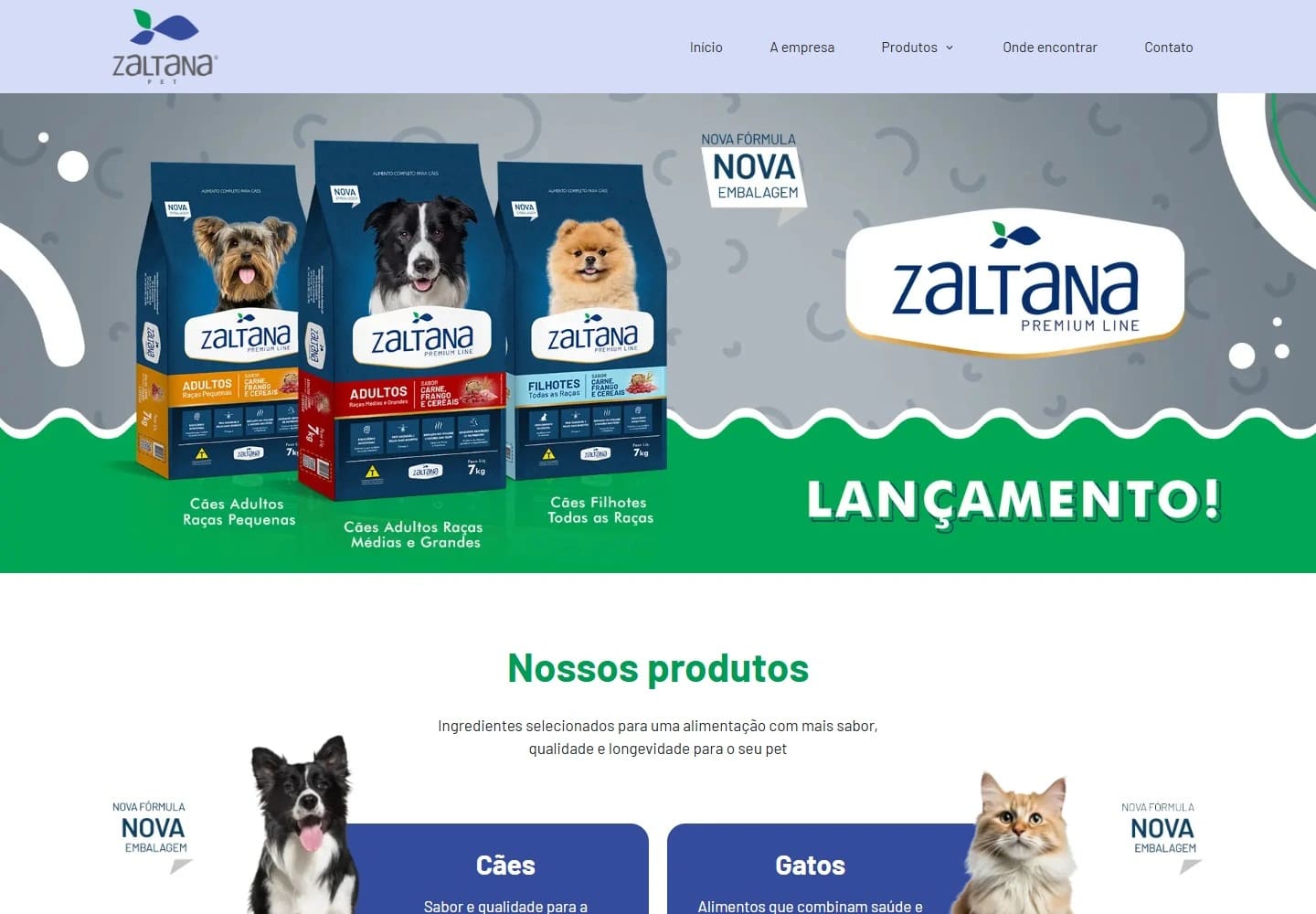 Captura real da Home de Zaltana Pet no desktop.