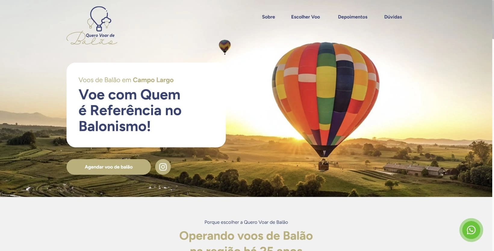 Captura real da landing page Quero Voar de Balão no desktop.