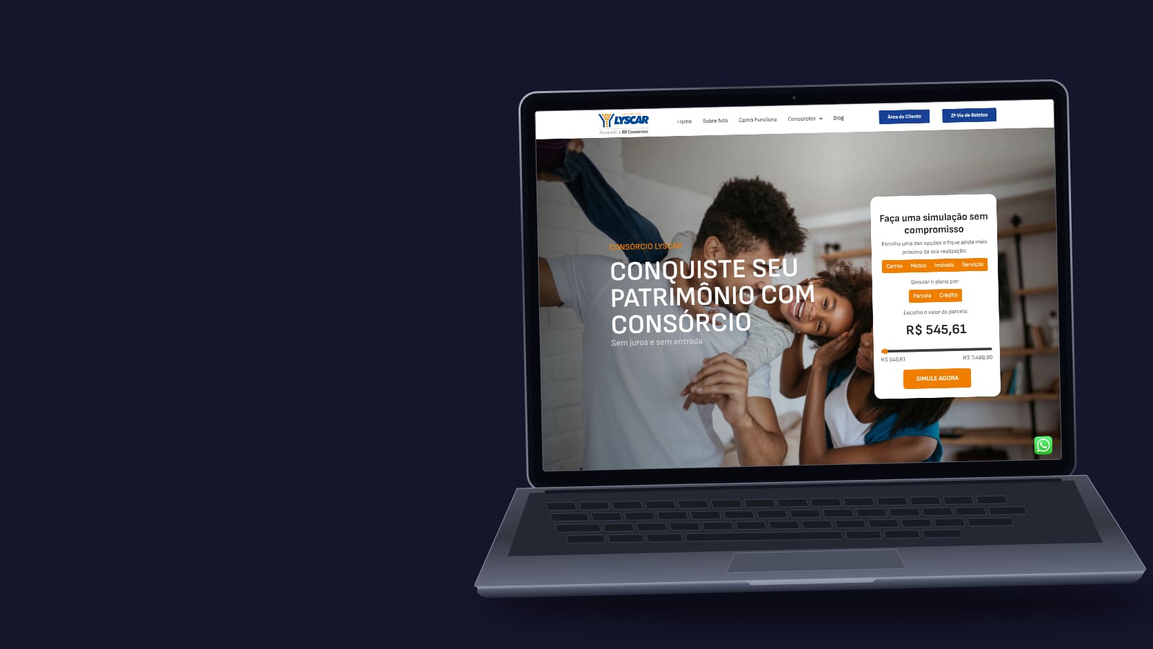 Notebook ilustrado com a captura real do site Consórcio Lyscar.