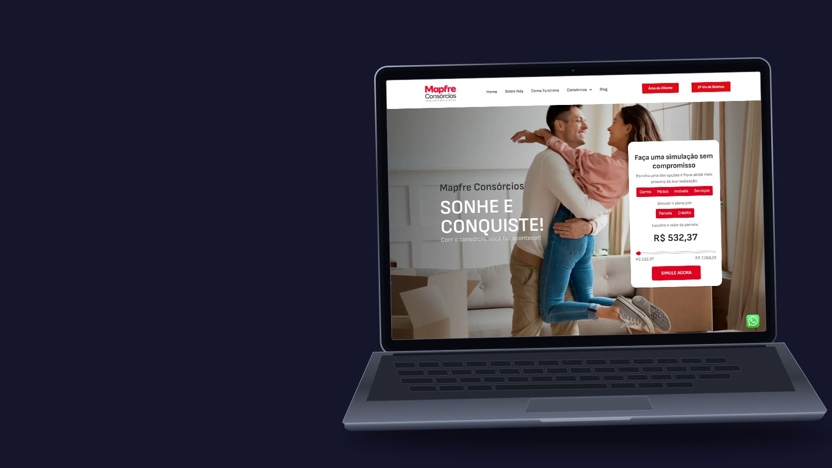 Notebook ilustrado com a captura real do site MAPFRE Consórcios.